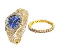 HALUKAKAH Diamonds Gold Watch Iced Out, Men's 18k Real Gold Plated Quartz Wristband 24cm Blue Dial, with Tennis Chain Bracelet 20cm, Comes with Gift Box