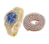 HALUKAKAH Diamonds Gold Watch Iced Out, Men's 18k Real Gold Plated Quartz Wristband 24cm Blue Dial, with Tennis Chain Necklace 45cm, Comes with Gift Box