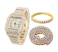 HALUKAKAH Diamonds Gold Watch Iced Out, Men's 18k Real Gold Plated Quartz Wristband 24cm Square Dial, with Tennis Chains Bracelet 20cm + Necklace 45cm, Comes with Giftbox