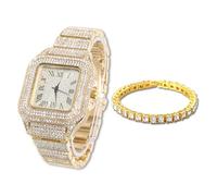 HALUKAKAH Diamonds Gold Watch Iced Out, Men's 18k Real Gold Plated Quartz Wristband 24cm Square Dial, with Tennis Chain Bracelet 20cm, Free Giftbox