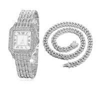 HALUKAKAH Diamonds Gold Watch Iced Out,Men's Platinum White Gold Plated 33MM Width Width Square Dial Quartz Wristband 20cm with Cuban Link Chain 45cm Necklace,Free Giftbox