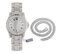 HALUKAKAH Diamonds Gold Watch Iced Out,Men's Platinum White Gold Plated 39MM Width Round Dial Quartz Wristband 22.5cm,with Cuban Link Chain 45cm Necklace Set,Comes with Giftbox