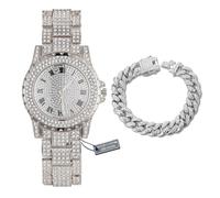 HALUKAKAH Diamonds Gold Watch Iced Out,Men's Platinum White Gold Plated 39MM Width Round Dial Quartz Wristband 22.5cm,with Cuban Link Chain 20cm Bracelet Set,Comes with Giftbox