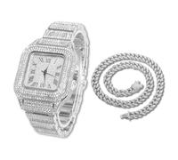 HALUKAKAH Diamonds Gold Watch Iced Out, Men's Platinum White Gold Plated 40MM Width Square Dial Quartz Wristband 24cm with Cuban Link Chain 45cm Necklace Set, Free Giftbox