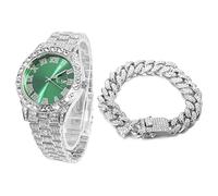 HALUKAKAH Diamonds Gold Watch Iced Out, Men's Platinum White Gold Plated 42MM Width Green Dial Quartz Wristband 24cm with Cuban Link Chain 20cm Bracelet Set, Free Giftbox