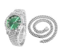 HALUKAKAH Diamonds Gold Watch Iced Out, Men's Platinum White Gold Plated 42MM Width Green Dial Quartz Wristband 24cm with Cuban Link Chain 45cm Necklace Set, Free Giftbox