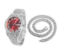 HALUKAKAH Diamonds Gold Watch Iced Out, Men's Platinum White Gold Plated 42MM Width Red Dial Quartz Wristband 24cm with Cuban Link Chain 45cm Necklace Set, Free Giftbox
