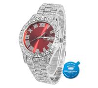 HALUKAKAH Diamonds Gold Watch Iced Out, Men's Platinum White Gold Plated 42MM Width Red Dial Quartz Wristband 24cm, Free Giftbox