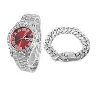 HALUKAKAH Diamonds Gold Watch Iced Out, Men's Platinum White Gold Plated 42MM Width Red Dial Quartz Wristband 24cm with Cuban Link Chain 20cm Bracelet Set, Free Giftbox