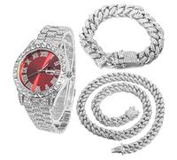 HALUKAKAH Diamonds Gold Watch Iced Out, Men's Platinum White Gold Plated 42MM Width Red Dial Quartz Wristband 24cm with Cuban Link Chain 20+45cm Necklace Bracelet Set, Free Giftbox