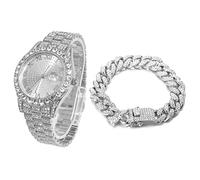 HALUKAKAH Diamonds Gold Watch Iced Out, Men's Platinum White Gold Plated 42MM Width Round Dial Quartz Wristband 24cm with Cuban Link Chain 20cm Bracelet Set, Free Giftbox