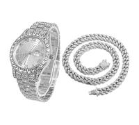 HALUKAKAH Diamonds Gold Watch Iced Out, Men's Platinum White Gold Plated 42MM Width Round Dial Quartz Wristband 24cm with Cuban Link Chain 45cm Necklace Set, Free Giftbox