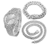 HALUKAKAH Diamonds Gold Watch Iced Out, Men's Platinum White Gold Plated 42MM Width Round Dial Quartz Wristband 24cm with Cuban Link Chain 20+45cm Necklace Bracelet Set, Free Giftbox