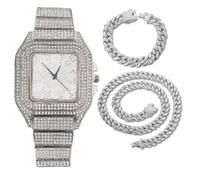 HALUKAKAH Diamonds Gold Watch Iced Out, Men's Platinum White Gold Plated Arabic Numerals Dial Quartz Wristband 22cm, with Cuban Link Chains 20cm Bracelet + 45cm Necklace Set, Comes with Giftbox