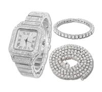 HALUKAKAH Diamonds Gold Watch Iced Out, Men's Platinum White Gold Plated Quartz Wristband 24cm Square Dial, with Tennis Chains Bracelet 20cm + Necklace 45cm, Comes with Giftbox