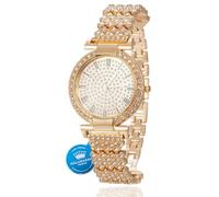 HALUKAKAH Diamonds Gold Watch Iced Out, Women's 18K Real Gold Plated 33MM Width Round Dial Quartz Wristband 19cm, Free Giftbox