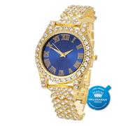 HALUKAKAH Diamonds Gold Watch Iced Out,Women's 18K Real Gold Plated 36MM Width Blue Dial Quartz Wristband 20cm,Free Giftbox