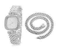 HALUKAKAH Diamonds Gold Watch Iced Out, Women's Platinum White Gold Plated 30MM Width Square Dial Quartz Wristband 19cm with Cuban Link Chain 40cm Necklace, Free Giftbox