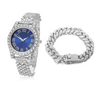 HALUKAKAH Diamonds Gold Watch Iced Out,Women's Platinum White Gold Plated 36MM Width Blue Dial Quartz Wristband 20cm with Cuban Link Chain 18cm Bracelet,Free Giftbox