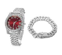 HALUKAKAH Diamonds Gold Watch Iced Out,Women's Platinum White Gold Plated 36MM Width Red Dial Quartz Wristband 20cm with Cuban Link Chain 18cm Bracelet,Free Giftbox