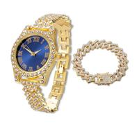 HALUKAKAH Diamonds Watch Iced Out for Boy Teens - 18K Real Gold Plated - 36mm Blue Dial - 20cm Length Adjustable Wristband - Comes with Cuban Chain 18cm, with Watch Adjuster Tool - Goldfoil Giftbox