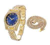 HALUKAKAH Diamonds Watch Iced Out for Boy Teens - 18K Real Gold Plated - 36mm Blue Dial - 20cm Length Adjustable Wristband - Comes with Cuban Chain 40cm, with Watch Adjuster Tool - Goldfoil Giftbox