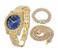 Halukakah Diamonds Watch Iced Out for Boy Teens - 18K Real Gold Plated - 36mm Blue Dial - 20cm Length Adjustable Wristband - Comes with Cuban Chains 18+40cm, with Watch Adjuster Tool -Goldfoil Giftbox