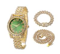 Halukakah Diamonds Watch Iced Out for Boy Teens - 18K Real Gold Plated - 36mm Green Dial - 20cm Length Adjustable Wristband - Comes with Cuban Chains 18+40cm,with Watch Adjuster Tool -Goldfoil Giftbox