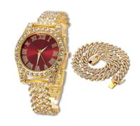 HALUKAKAH Diamonds Watch Iced Out for Boy Teens - 18K Real Gold Plated - 36mm Red Dial - 20cm Length Adjustable Wristband - Comes with Cuban Chain 40cm, with Watch Adjuster Tool - Goldfoil Giftbox