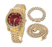 Halukakah Diamonds Watch Iced Out for Boy Teens - 18K Real Gold Plated - 36mm Red Dial - 20cm Length Adjustable Wristband - Comes with Cuban Chains 18+40cm, with Watch Adjuster Tool - Goldfoil Giftbox