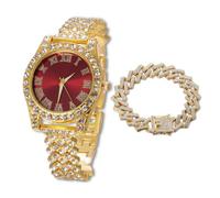 HALUKAKAH Diamonds Watch Iced Out for Boy Teens - 18K Real Gold Plated - 36mm Red Dial - 20cm Length Adjustable Wristband - Comes with Cuban Chain 18cm, with Watch Adjuster Tool - Goldfoil Giftbox