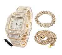 HALUKAKAH Diamonds Watch Iced Out for Boy Teens - 18K Real Gold Plated - 40mm Square Dial - 20cm Length - Comes with Cuban Chains 18+40cm, with Watch Adjuster Tool - Goldfoil Giftbox