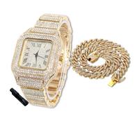 HALUKAKAH Diamonds Watch Iced Out for Boy Teens - 18K Real Gold Plated - 40mm Square Dial - 20cm Length - Comes with Cuban Chain 40cm, with Watch Adjuster Tool - Goldfoil Giftbox