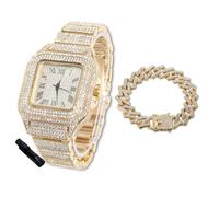 HALUKAKAH Diamonds Watch Iced Out for Boy Teens - 18K Real Gold Plated - 40mm Square Dial - 20cm Length - Comes with Cuban Chain 18cm, with Watch Adjuster Tool - Goldfoil Giftbox