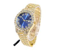 HALUKAKAH Diamonds Watch Iced Out for Boy Teens - 18K Real Gold Plated - 42mm Blue Dial - 20cm Length Adjustable Wristband, with Watch Adjuster Tool - Goldfoil Giftbox