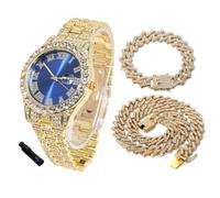 HALUKAKAH Diamonds Watch Iced Out for Boy Teens - 18K Real Gold Plated - 42mm Blue Dial - 20cm Length - Comes with Cuban Chains 18+40cm, with Watch Adjuster Tool - Goldfoil Giftbox
