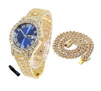 HALUKAKAH Diamonds Watch Iced Out for Boy Teens - 18K Real Gold Plated - 42mm Blue Dial - 20cm Length - Comes with Cuban Chain 40cm, with Watch Adjuster Tool - Goldfoil Giftbox