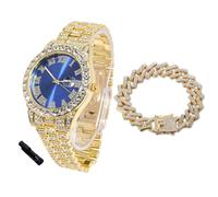 HALUKAKAH Diamonds Watch Iced Out for Boy Teens - 18K Real Gold Plated - 42mm Blue Dial - 20cm Length - Comes with Cuban Chain 18cm, with Watch Adjuster Tool - Goldfoil Giftbox