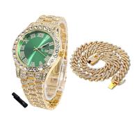 HALUKAKAH Diamonds Watch Iced Out for Boy Teens - 18K Real Gold Plated - 42mm Green Dial - 20cm Length - Comes with Cuban Chain 40cm, with Watch Adjuster Tool - Goldfoil Giftbox