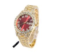 HALUKAKAH Diamonds Watch Iced Out for Boy Teens - 18K Real Gold Plated - 42mm Red Dial - 20cm Length Adjustable Wristband, with Watch Adjuster Tool - Goldfoil Giftbox