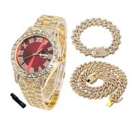 HALUKAKAH Diamonds Watch Iced Out for Boy Teens - 18K Real Gold Plated - 42mm Red Dial - 20cm Length - Comes with Cuban Chains 18+40cm, with Watch Adjuster Tool - Goldfoil Giftbox