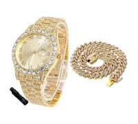HALUKAKAH Diamonds Watch Iced Out for Boy Teens - 18K Real Gold Plated - 42mm Round Dial - 20cm Length - Comes with Cuban Chain 40cm, with Watch Adjuster Tool - Goldfoil Giftbox
