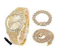 HALUKAKAH Diamonds Watch Iced Out for Boy Teens - 18K Real Gold Plated - 42mm Round Dial - 20cm Length - Comes with Cuban Chains 18+40cm, with Watch Adjuster Tool - Goldfoil Giftbox