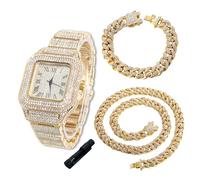 HALUKAKAH Diamonds Watch Iced Out for Boy Teens Kids - 18K Real Gold Plated,40mm Square Dial,Japanese Quartz - 20cm Length - Comes with Cuban Chains 18+40cm,with Watch Adjuster Tool - for Birthday