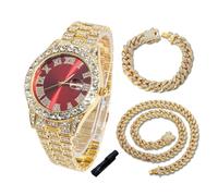 HALUKAKAH Diamonds Watch Iced Out for Boy Teens Kids - 18K Real Gold Plated,42mm Red Dial,Japanese Quartz - 20cm Length - Comes with Cuban Chains 18+40cm,with Watch Adjuster Tool - for Birthday