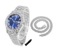 HALUKAKAH Diamonds Watch Iced Out for Boy Teens Kids - Platinum Plated,42mm Blue Dial,Japanese Quartz - 20cm Length - Comes with Cuban Chain 40cm,with Watch Adjuster Tool - for Birthday,Parties
