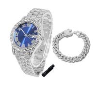 HALUKAKAH Diamonds Watch Iced Out for Boy Teens Kids - Platinum Plated,42mm Blue Dial,Japanese Quartz - 20cm Length - Comes with Cuban Chain 18cm,with Watch Adjuster Tool - for Birthday,Parties