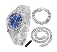 HALUKAKAH Diamonds Watch Iced Out for Boy Teens Kids - Platinum Plated,42mm Blue Dial,Japanese Quartz - 20cm Length - Comes with Cuban Chains 18+40cm,with Watch Adjuster Tool - for Birthday,Parties