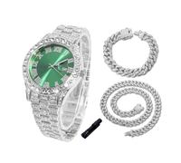 HALUKAKAH Diamonds Watch Iced Out for Boy Teens Kids - Platinum Plated,42mm Green Dial,Japanese Quartz - 20cm Length - Comes with Cuban Chains 18+40cm,with Watch Adjuster Tool - for Birthday,Parties