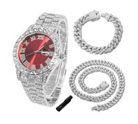 HALUKAKAH Diamonds Watch Iced Out for Boy Teens Kids - Platinum Plated,42mm Red Dial,Japanese Quartz - 20cm Length - Comes with Cuban Chains 18+40cm,with Watch Adjuster Tool - for Birthday,Parties